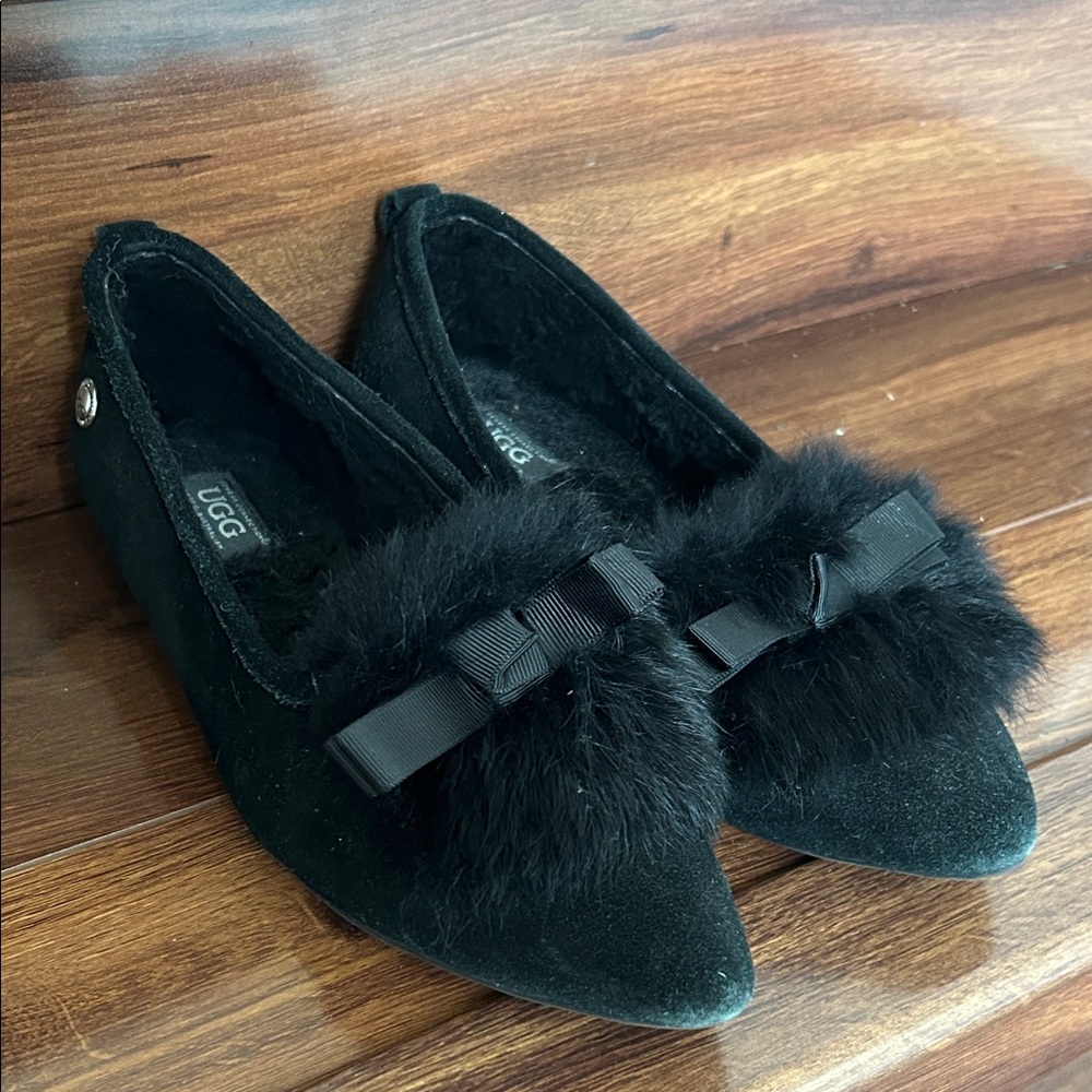 UGG Women's Black Furry Bow Slippers